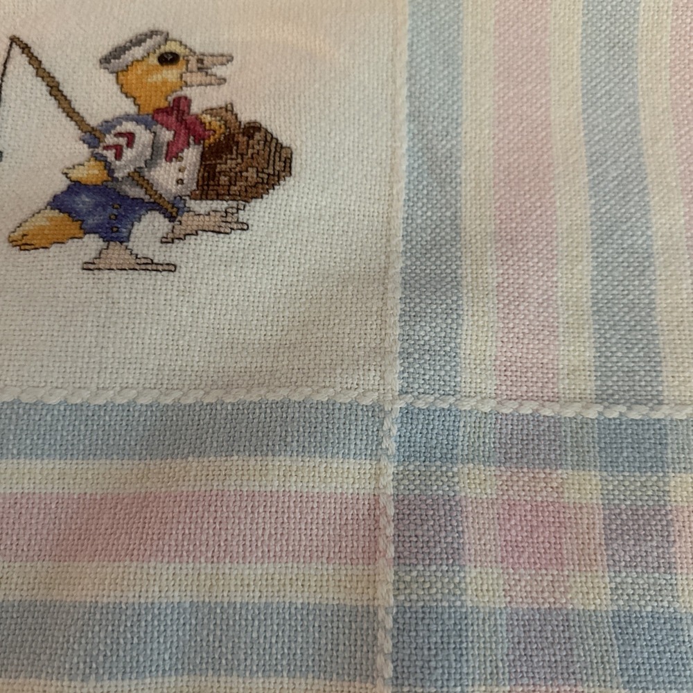VTG Pastel Striped Baby Blanket Cross Stitch Animals Cat Duck Mouse Bear